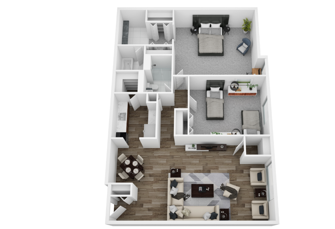 Floor plan for 2 beds, 2 baths, 1050 sqft